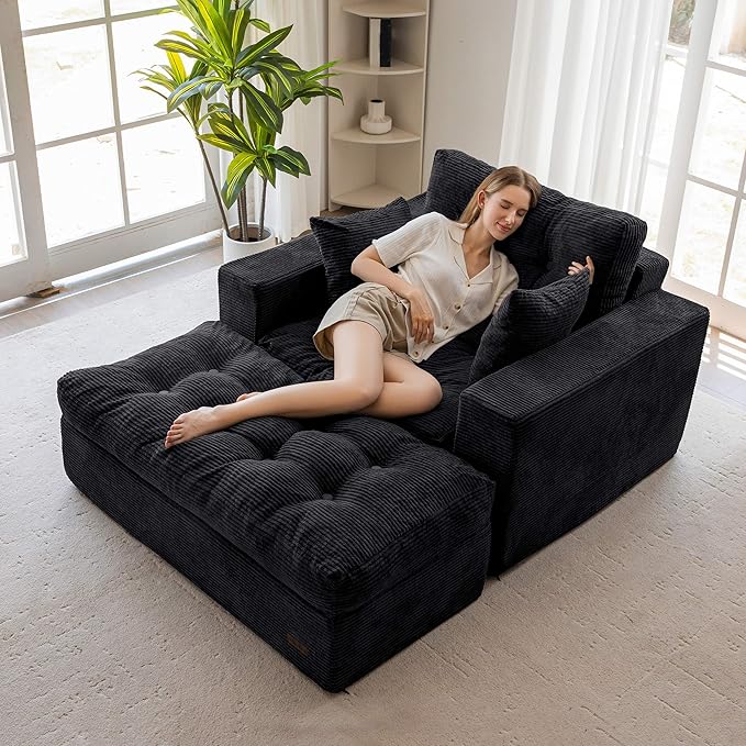 MAXYOYO Oversized Chaise Lounge Sofa, Upholstered Lounge Chair with 3 Pillows, Tufted Boneless Sofa Couch with Ottoman, Deep Seat Sleeper Chair for Living Room, Bedroom, No Assembly, Black