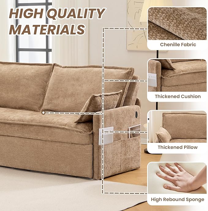 GRAINLLE Pull Out Couch,Loveseat Convertible Sleeper Sofa Bed with USB,Pull Out Sofa Bed Side Storage,2 Pillows,Corduroy Sleeper Couch for Living Room,Bedroom,Apartment,Pet-Friendly (Khaki, 59.5'')