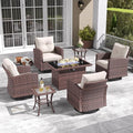 LayinSun 7 Pieces Patio Furniture Set with Swivel Chairs, Rattan Wicker Rocking Glide Chairs with 44" Propane Gas Fire Pit Table Conversation Set