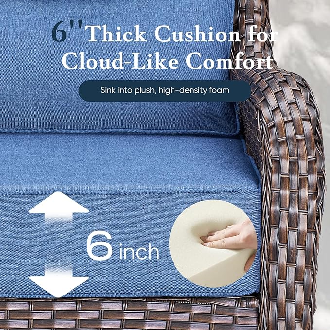 Belord Luxury 6" Thick Cushioned 10 Pieces Patio Furniture Set with Outdoor Couch, Wicker Outdoor Conversation Set with High Back Swivel Rocker Chairs for Deck Porch Yard and Poolside - Brown+Blue