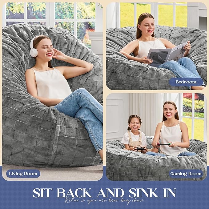 Hobestluk Bean Bag Chairs Beanbag Chair with Filler Adult Bean Bags with Fluffy Cover, Giant Bean Bag Chairs for Aduts for Living Room, Bedroom (Grey, 6FT - 70" x 70" x 15")