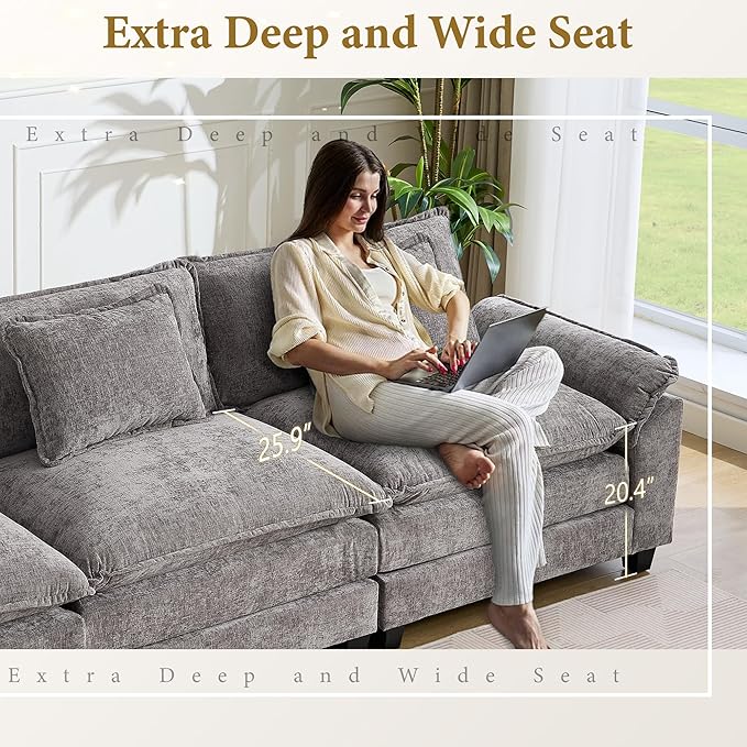 URRED Modular Sectional Sofa Comfy Cloud Couch, Modern Chenille Sofa Sleeper Deep Seat Couches with Ottoman/Pillows for Living Room (Gray, 117'')