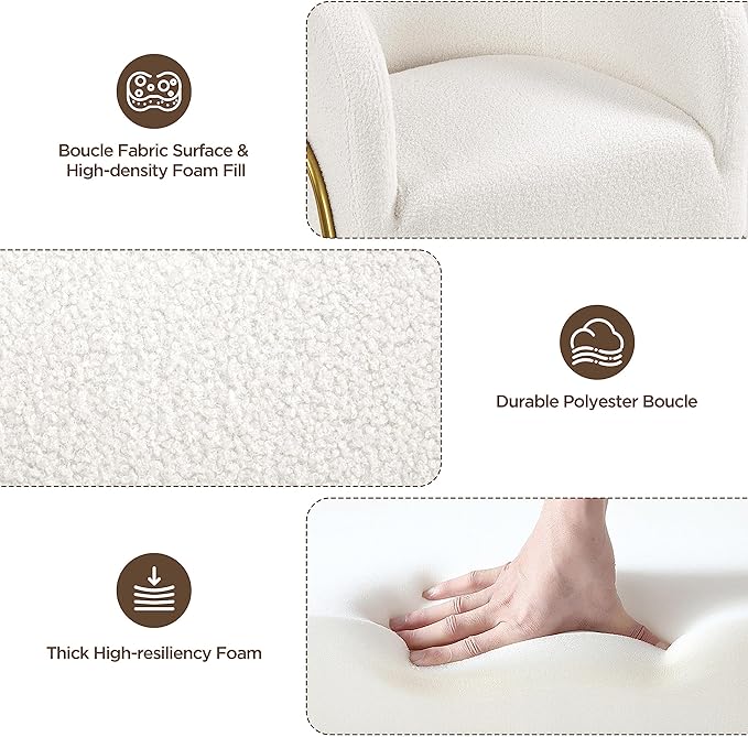 Yaheetech Accent Chair, Modern Barrel Chair, Boucle Fabric Vanity Chair with Golden Legs, Cozy Fuzzy Armchair for Living Room Makeup Room Bedroom Reading Nook Ivory