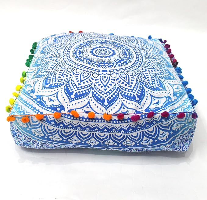 CRAFT KALA 16" Square Large Hippie Mandala Meditation Floor Ottoman Pillow Cushion Pouf Cover Square Poufs Bohemian Circle Floor Cushion Case Outdoor Fireplace Yoga Living Room Decor Cover Blue Ombre