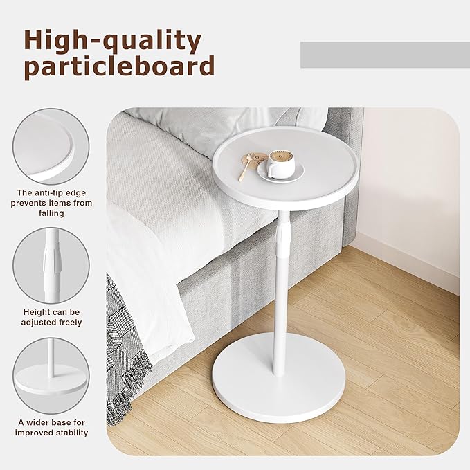 IRCPEN Adjustable End Table, Small Round Side Table, Drink Table for Small Spaces, Pedestal Nightstand for Living Room, Bedroom, Sofa Couch, White ET-010WW