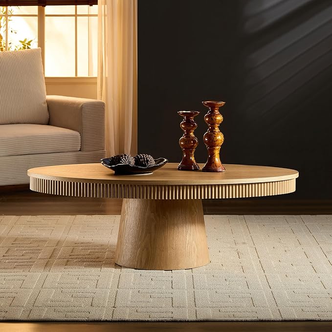 Coffee Table Modern Oval Wood Coffee Tables Mid Century Center Fluted Farmhouse Drum Tea Boho Wooden for Living Room Apartment Home Office Oka 47.24" W x 26.77" D x 15.86" H