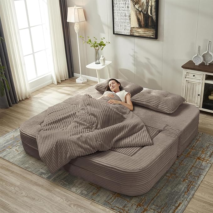 80" Foldable Floor Couch, 3-Seat Convertible Sleeper Sofa with Chaise Lounge, Blanket and 3 Soft Pillows, Corduroy Fabric, for Living Room, Bedroom, Apartment, No Assembly Required, Coffee