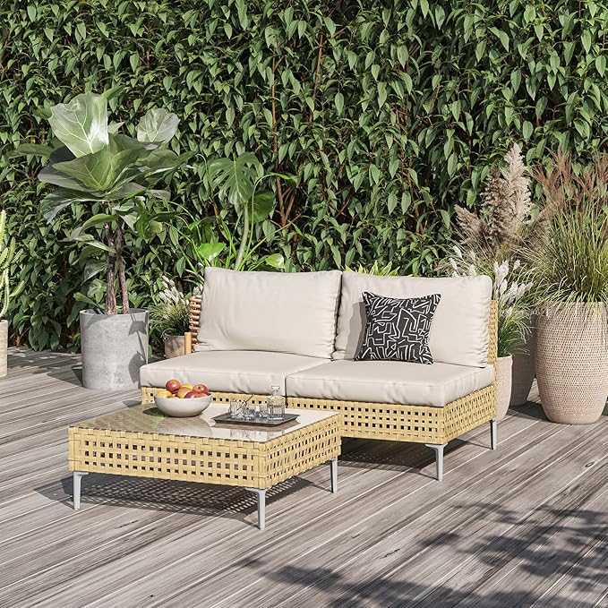 Grand patio 3-Piece Wicker Patio Furniture Set, Outdoor Sectional Sofa with Water Resistant Beige Thick Cushions and Coffee Table, Cream