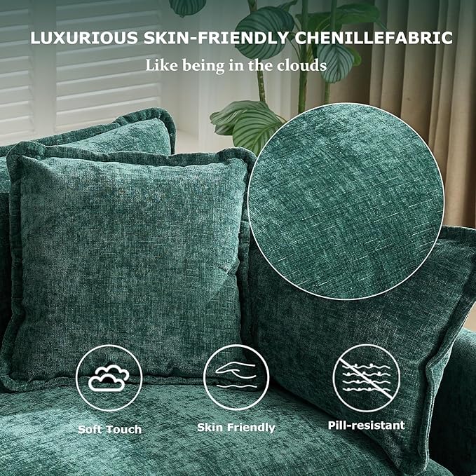 SoarFlash 113.78" Chenille Sectional Sofa, Comfy L Shaped Modular Coush Sofa with Ottoman, Modern 4 Seat Couch Deep Seat Sofa Set for Living Room,Green
