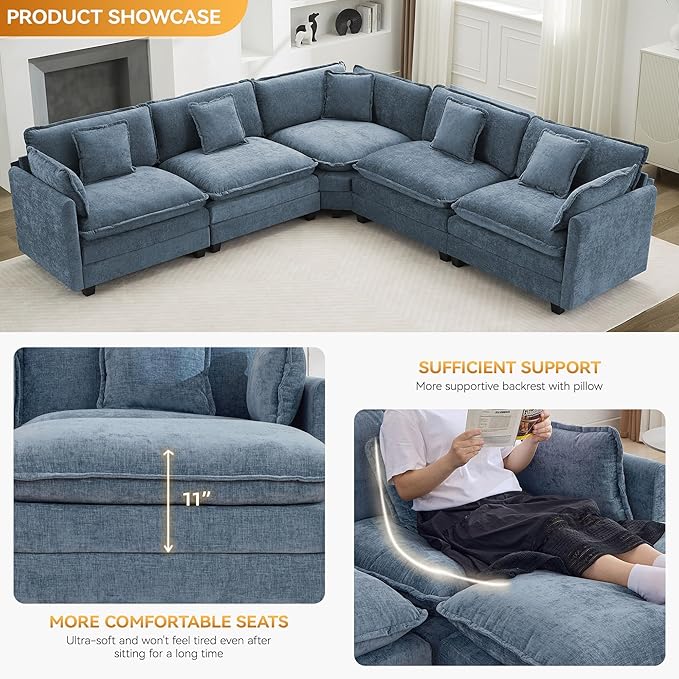 113'' V Shaped Cloud Sectional Sofa, Oversized Deep Seat Couches for Living Room, Chenille Comfy Upholstered Modular Sectional Sofa Couch, Blue