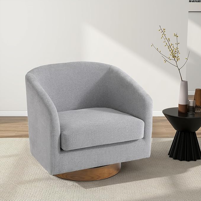 Swivel Barrel Chair, Modern Round PU Leather Accent Armchair for Living Room, Bedroom, Oversized Comfy Club Reading Chairs for Adults (Chenille Light Grey, Set of 2)