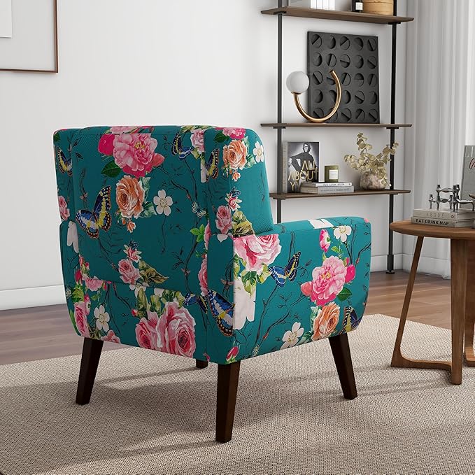 DREAMSIDEA Accent Chair, Modern Linen Blend Arm Chair for Living Room, Bedroom, Comfy High-Resilient Sponge Reading Chair for Small Spaces (Pattern Floral Blue, Set of 1)