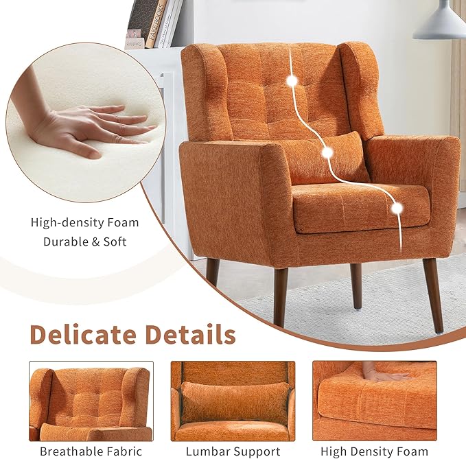 CHSICFOR Modern Accent Chair, Upholstered Arm Chair with Waist Pillow, Single Sofa Chair for Living Room Bedroom Small Spaces (Orange)