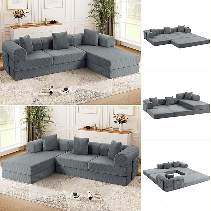 106.3" Oversized Convertible Sleeper Sofa Bed, L Shape Modular Sectional Cloud Sofa with Fixed-Shape Frame, Boneless Couch with Storage Pocket for Living Room, No Assembly Required, Dark Gray