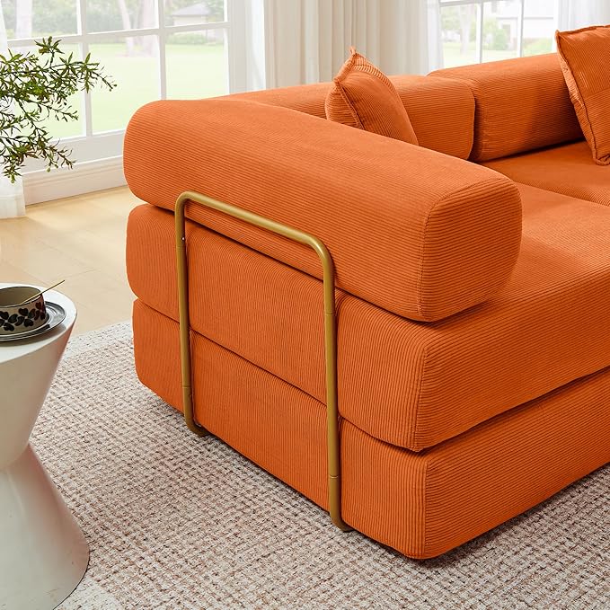 108" Convertible Sleeper Sofa Bed, Corduroy Folding Sofa Bed with Fixed-Shape Frame, Fold Out Floor Mattress Couch, Lazy Compression Sofas for Living Room, Bedroom, No Assembly Required,Orange