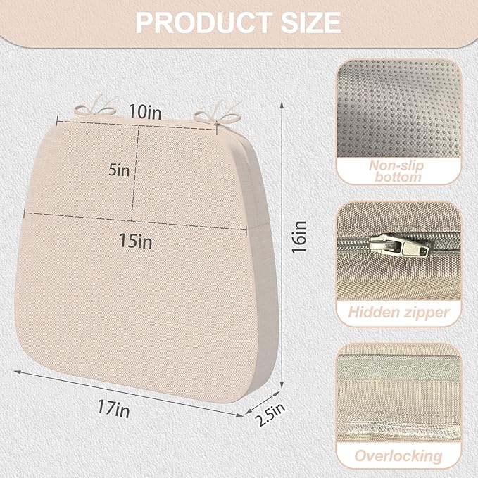 17'' x 16'' x 2.5"Thick Chair Cushions for Dining Chairs, 4 Pack WaterProof Easy Clean Kitchen Chair Pads with Ties and Non-Slip Backing - 30D High Elastic Foam Soft Kitchen Chair Cushions