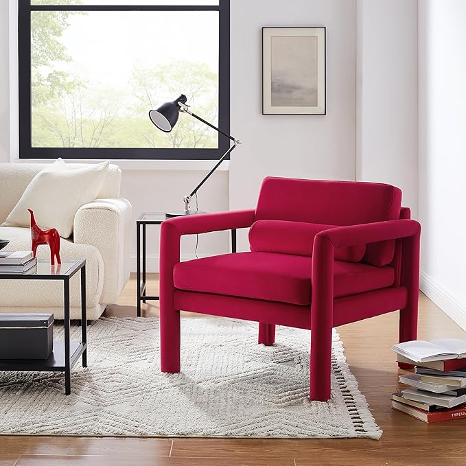 Art Leon Modern Accent Chair, Velvet Upholstered Arm Chair with Pillow, Single Sofa Chair for Living Room Bedroom, Red