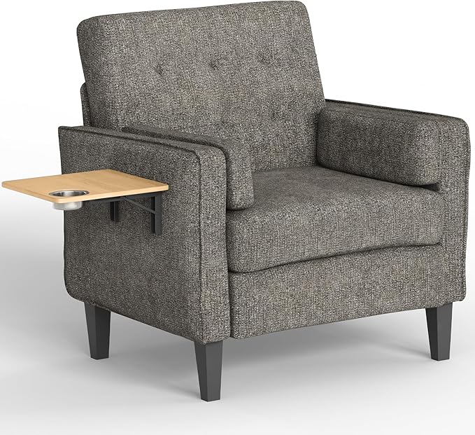 Chenille Accent Chair, Mid Century Modern Arm Chair with Foldable Wooden Side Table & Cup Holder - Comfy Reading Chair for Bedroom,Living Room Chairs,Single Sofa Chair,Dark Grey