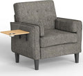 Chenille Accent Chair, Mid Century Modern Arm Chair with Foldable Wooden Side Table & Cup Holder - Comfy Reading Chair for Bedroom,Living Room Chairs,Single Sofa Chair,Dark Grey