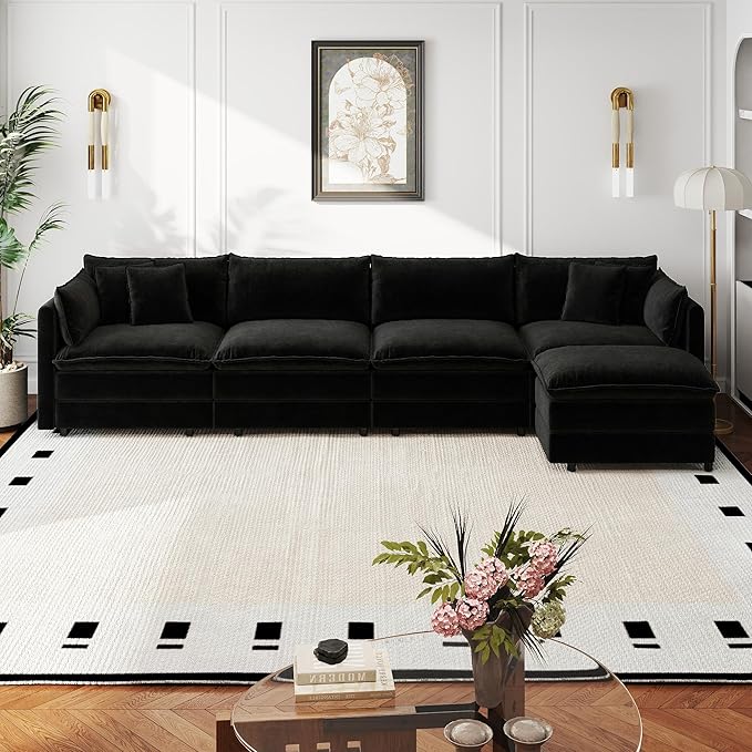 Aoowow Modular Sectional Sofa Modern Convertible L Shaped Couch,147.2 Inch Deep 4-Seater Sofas Set Comfy Chenille Cloud Sofas and Couches with Movable Ottoman for Living Room Apartment（Black）