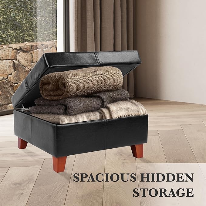 HomePop Faux Leather Square Storage Ottoman with Wood Legs, Black