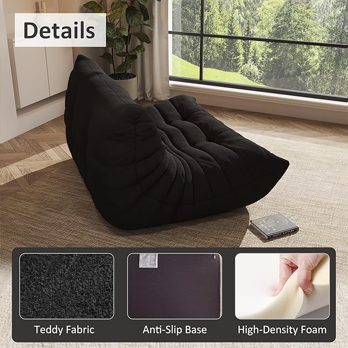 Bean Bag Chair, Oversized Loveseat Fireside Chair for Adults, 2 Seater with Memory Foam Filled, Lazy Sofa Lounge Floor Sofa for Living Room, Bedroom, Office, No Assembly Required. (Black)
