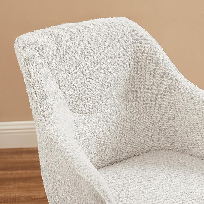 Art Leon Dining Chair - Mid Century Modern Boucle Fabric Swivel Dining Room Chair with Natural Oak Wood Legs, Leisure Side Chair with Arms for Living Room, White