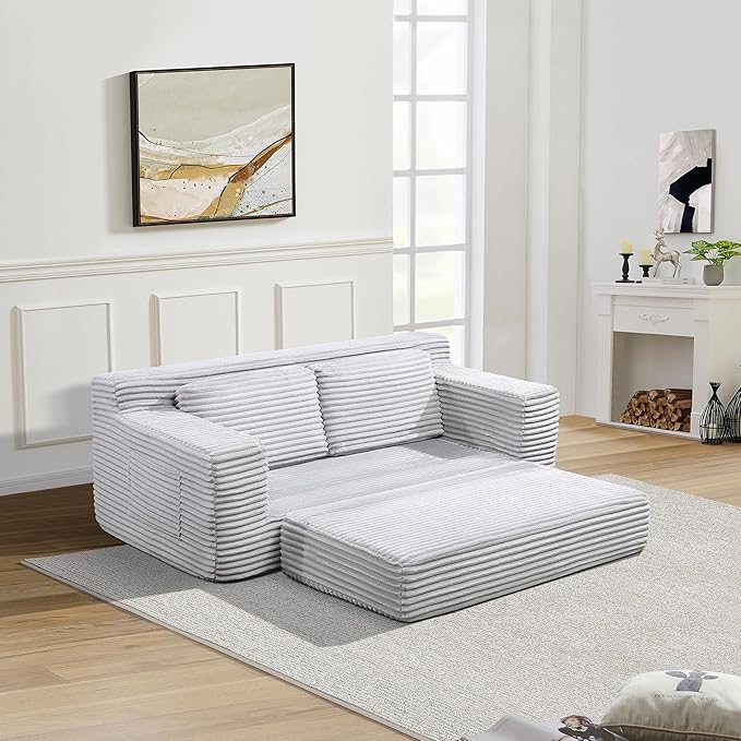 Loveseat Cloud Boneless Couch, Upholstered Floor Sofa with Armrests, 2-in-1 Convertible Corduroy Couch Bed for Living Room, Apartment, Grey