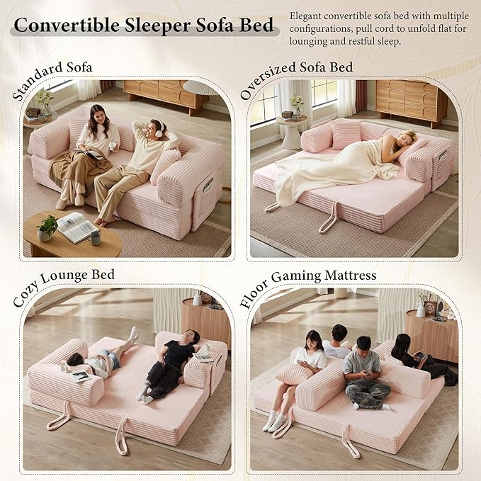 Chorlenimi Boneless Couch Futon Sofa Bed Sectional Couches for Living Room,Cloud Couch with Sleeper Sofa,Sofas for Living Room Oversized Corduroy Upholstered (Pink, 81 Inches (with Iron Frame))