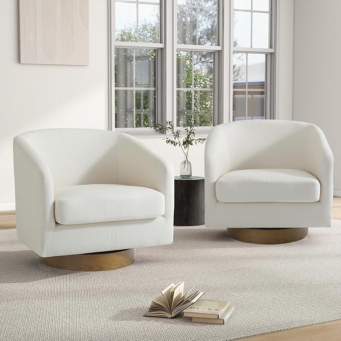 Swivel Barrel Chair, Modern Round PU Leather Accent Armchair for Living Room, Bedroom, Oversized Comfy Club Reading Chairs for Adults (Fabric Beige, Set of 2)