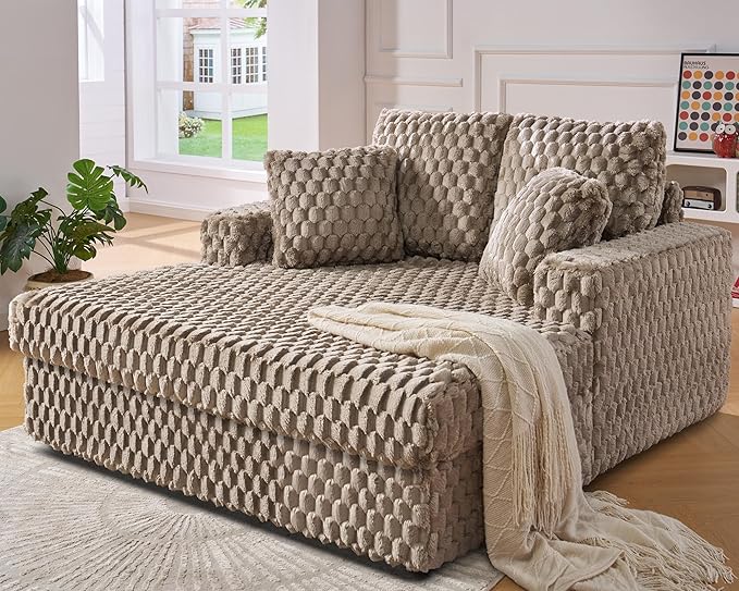 Jocisland 58 Inch Oversized Chaise Lounge, Upholstered Sofa Bed with Throw Pillows and Armrests, Sleeper Chair- Comfy Chair Bed for Living Room, Brown
