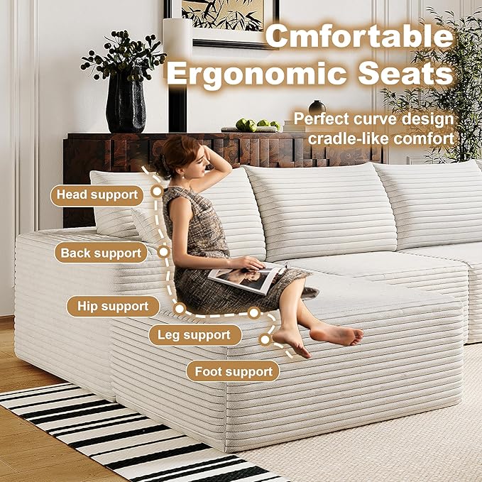 AUGOP 136" Sectional Couches for Living Room Modern Modular Sofa with L-Shape Couchs Upholstered Boneless Couch Deep Seat Sectional Couch with Chaise (White, Left Facing Chaise+3Seaters+Ottoman)