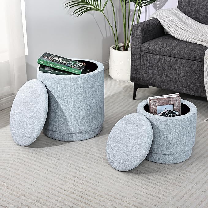 Homebeez Set of 2 Round Ottomans with Storage, Linen Cotton Stool for Living Room Bedroom, Multifunctional Footrest, Coffee Table, Vanity Seat, 300 lbs Capacity, Light Blue