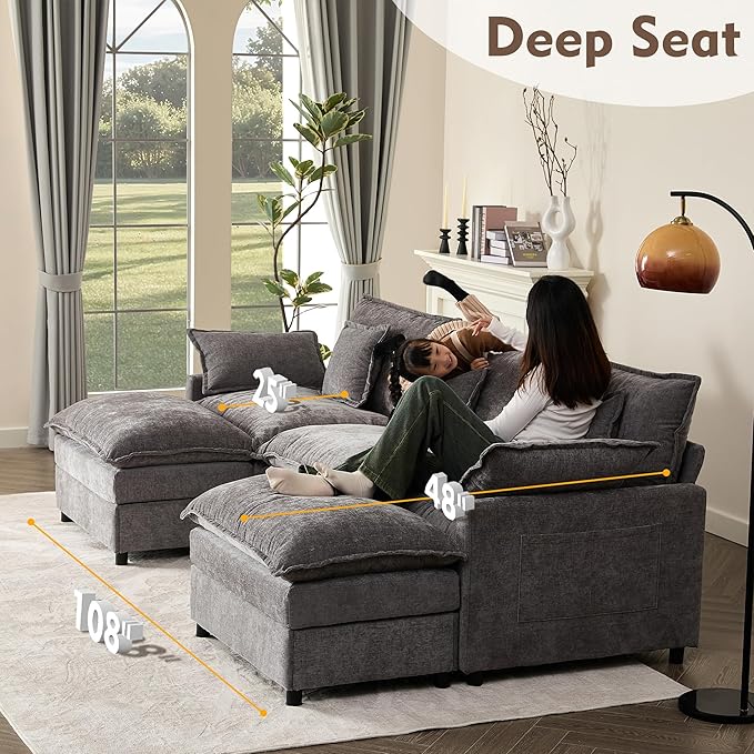 GOSUHI 108" U Shaped Couch, Modular Sectional Sofa, 3-Seater Comfy Cloud Couch with Movable Ottoman, Deep Seat Couches for Living Room, Chenille, Slate