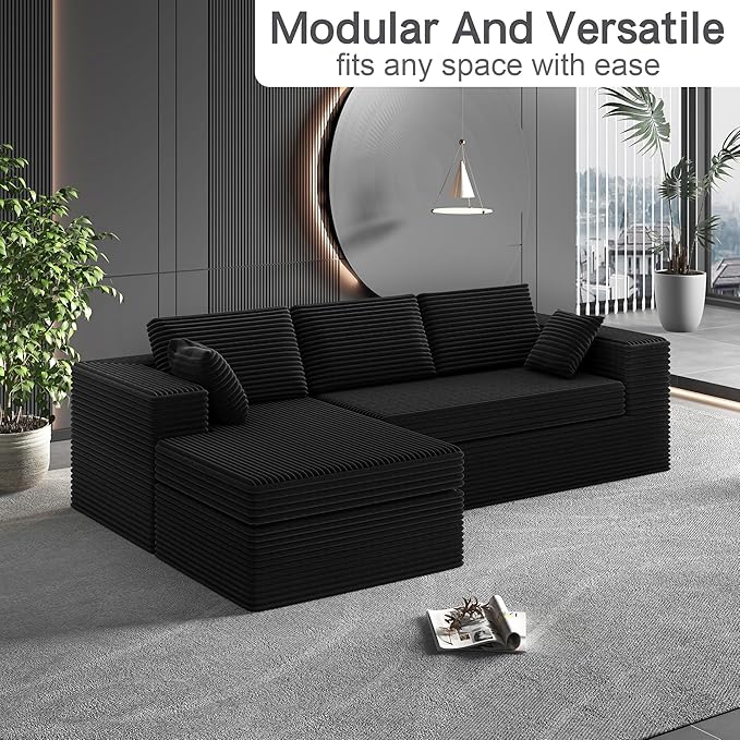luckyvo 108-inch Boneless Couch for Living Room，Comfy Boneless Sofa with Deep Seats & Chaise Lounge, 3-Seat Modular Sofa Memory Foam Sectional Couches - No Assembly Required(Dark Black)