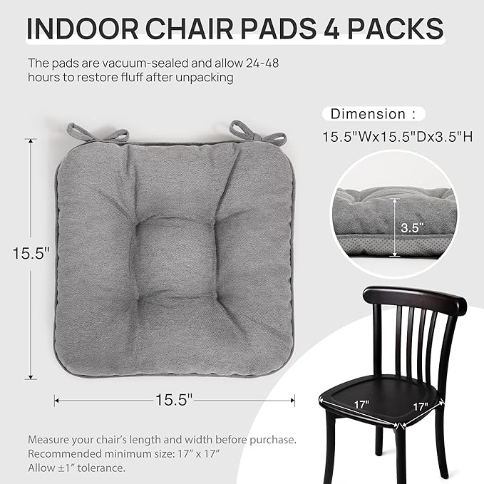 Love's cabin Memory Foam Chair Cushions Set of 4, Outdoor/Indoor Chair Pads for Dining Chairs 4 Pack, Seat Cushions for Kitchen, Dining Room, Office, Patio Chairs, 15.5"x15.5"x3.5" Grey