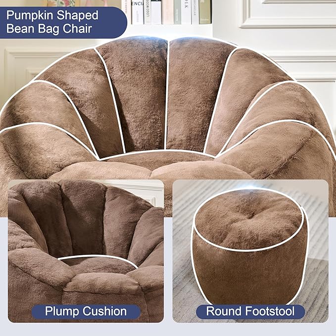 Pumpkin Shaped Bean Bag Chair with Ottoman, Gaint Bean Bag Chair for Adults, Faux Rabbit Fur Comfy BeanBag Floor Sofa Chair for Reading, Playing, Relaxing, Brown