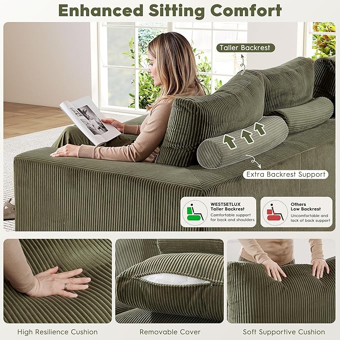 108” U-Shaped Sectional Sofa Couch with High-Seat, Corduroy Modular Cloud Sofa with Chaise ‌and Ottoman, Modern Couches for Living Room, No Assembly Require, Green