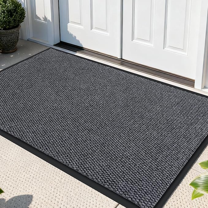 Yimobra Doormat Outdoor Indoor Entrance 47 x 32, All-Season All-Weather Front Door Mat, 100% Waterproof Welcome Matt for Floor Garage Outside Entry, Stain and Fade Resistant,Gray White