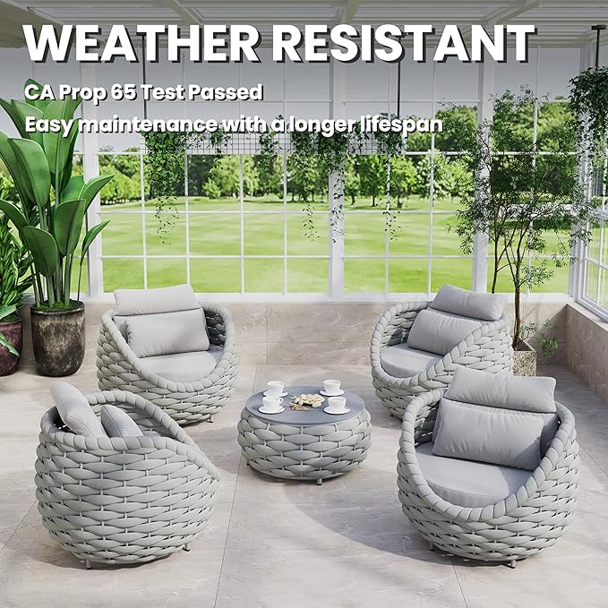 Erotr Front Porch Furniture Set: 5 Pieces Aluminum Patio Conversation Set All Weather - Cushioned Outdoor Sofa Set Assembled - Modern Metal Couch Seating for 400lbs Deck Garden Poolside Hotel - Gray
