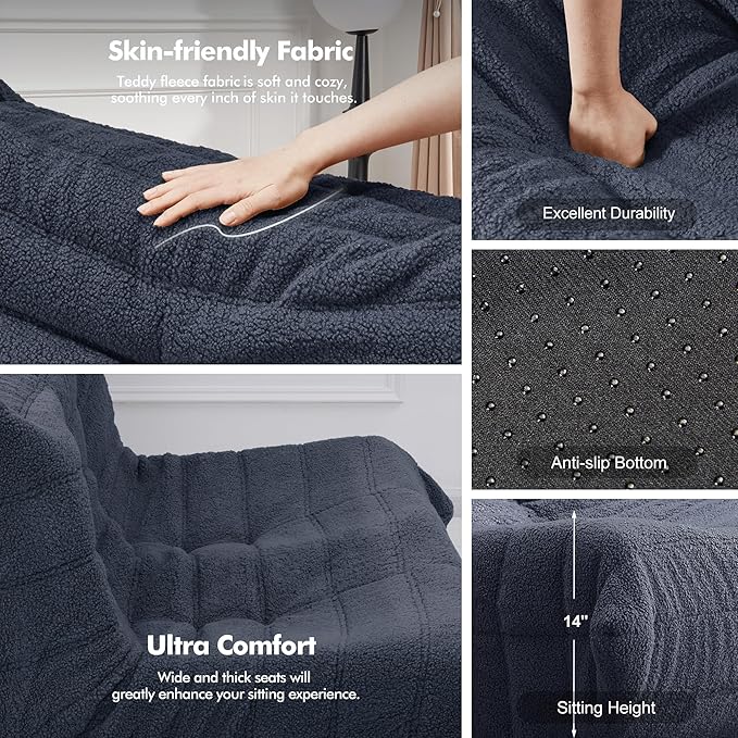 Bean Bag Loveseat Chair Big Sofa Beanbag Chair for Adults Fireside Chair Bean Bag Lounger with Memory Foam Filled for Home,Apartment or Gaming Venue（Blue Teddy）