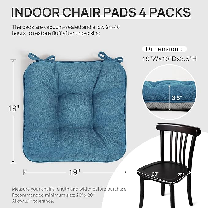 Love's cabin Memory Foam Chair Cushions Set of 4, Outdoor/Indoor Chair Pads for Dining Chairs 4 Pack, Seat Cushions for Kitchen, Dining Room, Office, Patio Chairs, 19"x19"x3.5" Blue
