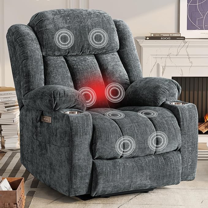 ABCASA Large Power Lift Chairs Recliners for Elderly with Heat ＆ Massage, Upgraded Chenille Recliners, USB-A ＆ C, Cup Holder, Side Pocket, Grey Blue