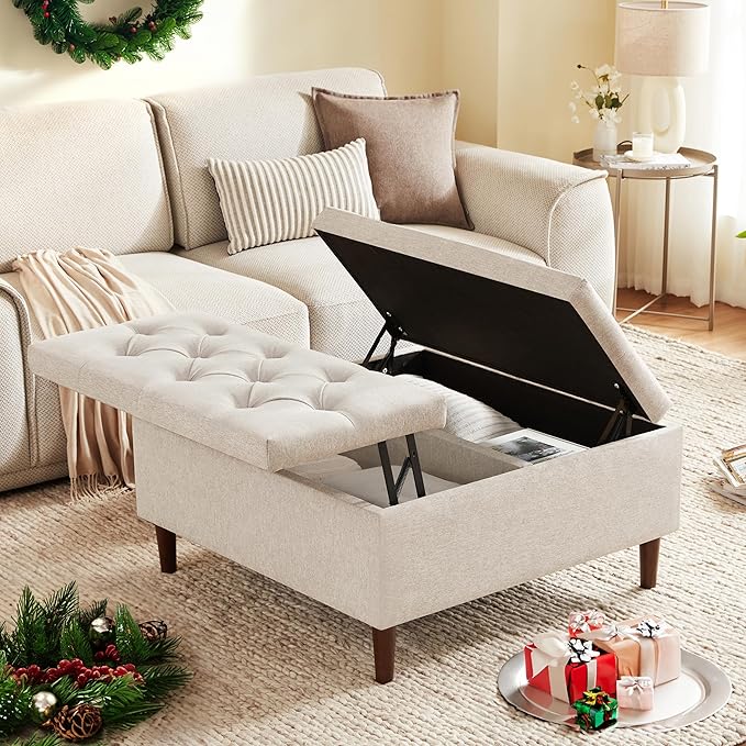 35 Inch Extra Large Storage Ottoman Coffee Table, No Assembly Required, Oversized Square Ottoman with Storage, Tufted Upholstered Ottomans Coffee Table for Living Room (Fabric, Beige)