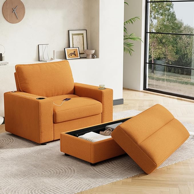Merax 42.8" Oversized Chaise Lounge Chair with Storage Ottoman,Corduroy Sofa Bed with Cup Holders,USB Charging Port,Upholstered Sleeper Chair,Deep - Seat Reading Couch for Living Room,Bedroom,Yellow