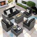 7 Piece Patio Furniture Set with Fire Pit Table, Outdoor Sectional Conversation Sets Wicker Rattan Sectional Sofa with Coffee Table for Patio Garden Backyard, 4'' Thickened Cushion Black