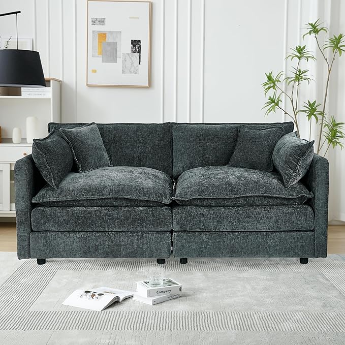 Aoowow Modular Sectional Sofa Modern Convertible Loveseat Couch,77.16 Inch Deep 2-Seater Sofas Comfy Chenille Cloud Sofas and Couches with Pillows for Living Room Apartment（Grey）