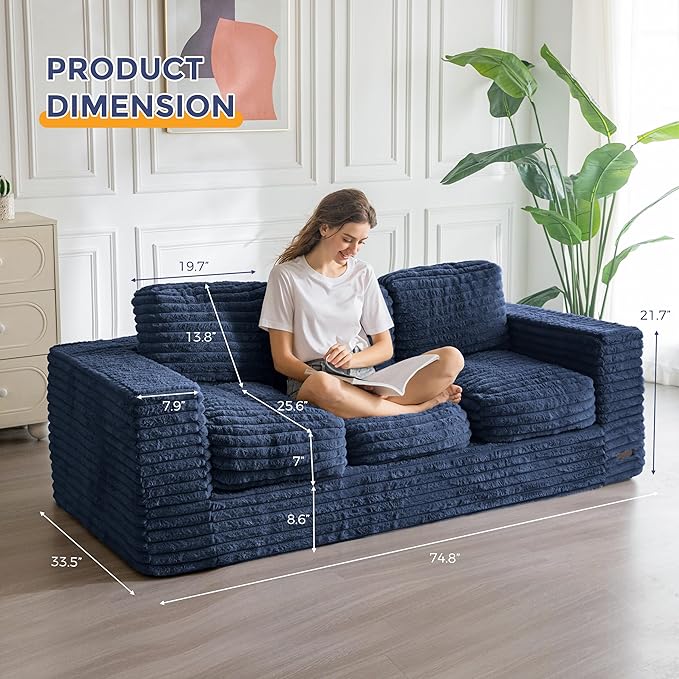 MAXYOYO 3-Seater Boneless Sofa Couch, Modern Faux Fur Sofa for Living Room, Soft Bean Bag Chair High-Density Foam Couch with Pillows, No Assembly Required