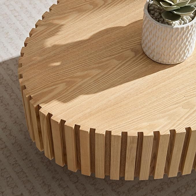 43.7'' Oval Wood Coffee Table,Modern Handcraft Drum Coffee Table for Living Room, Small Center Table with Sturdy Pedestal(Oak, L43.7 x W24.8 x H13.38)