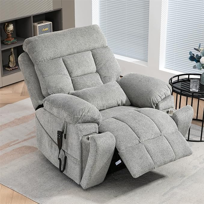 Oversized Lumbar Power Lift Chair with Heat and Massage for Elderly, 26in Extra Wide Recliner Chair for Big Man 400lbs, Dual Motor Hidden Cup Holder Lay Flat Recliner for Seniors Sleeping